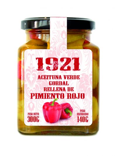 ACEITUNA VERDE GORDAL RELLENA DE PIMIENTO ROJO